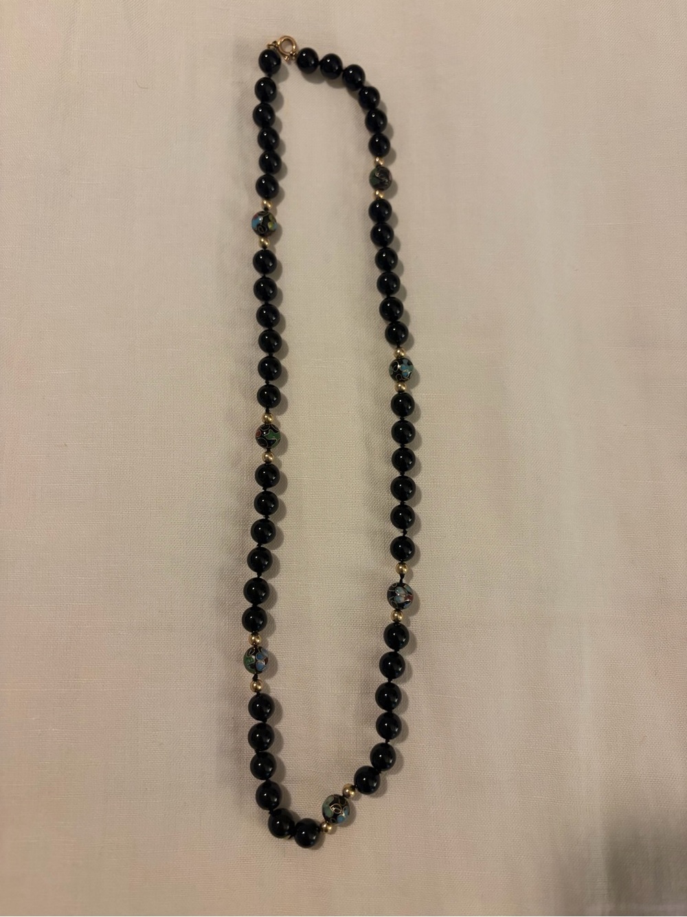 Vintage Cloisonné Black Beaded Necklace French Jet with Cloisonne Beads